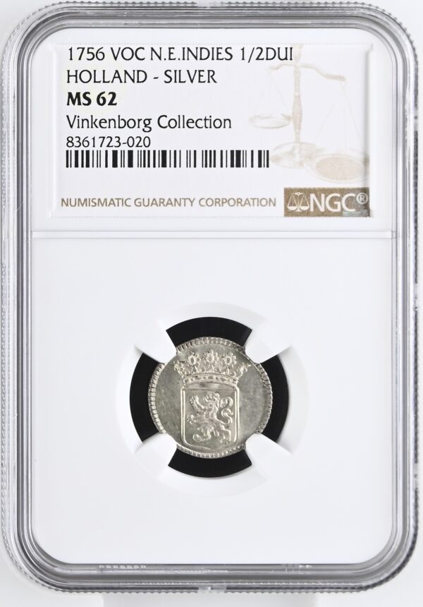 Zilveren 1/2 Duit VOC Holland 1756 – MS62 NGC | Ex-Vinkenborg Collectie